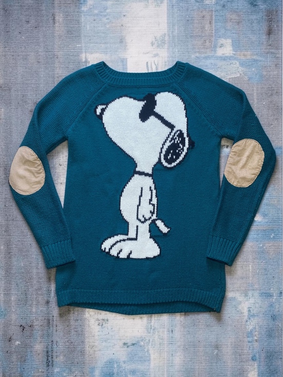 Peanuts Sweaters - Peanuts Women Sweater S Pullover Regular Teal Knit Acrylic Snoopy Elbow Patches